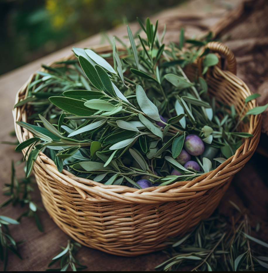 Olivenblätter in einem Bastkorb